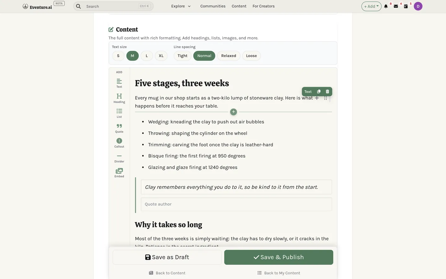 My Content: the block editor building a post.