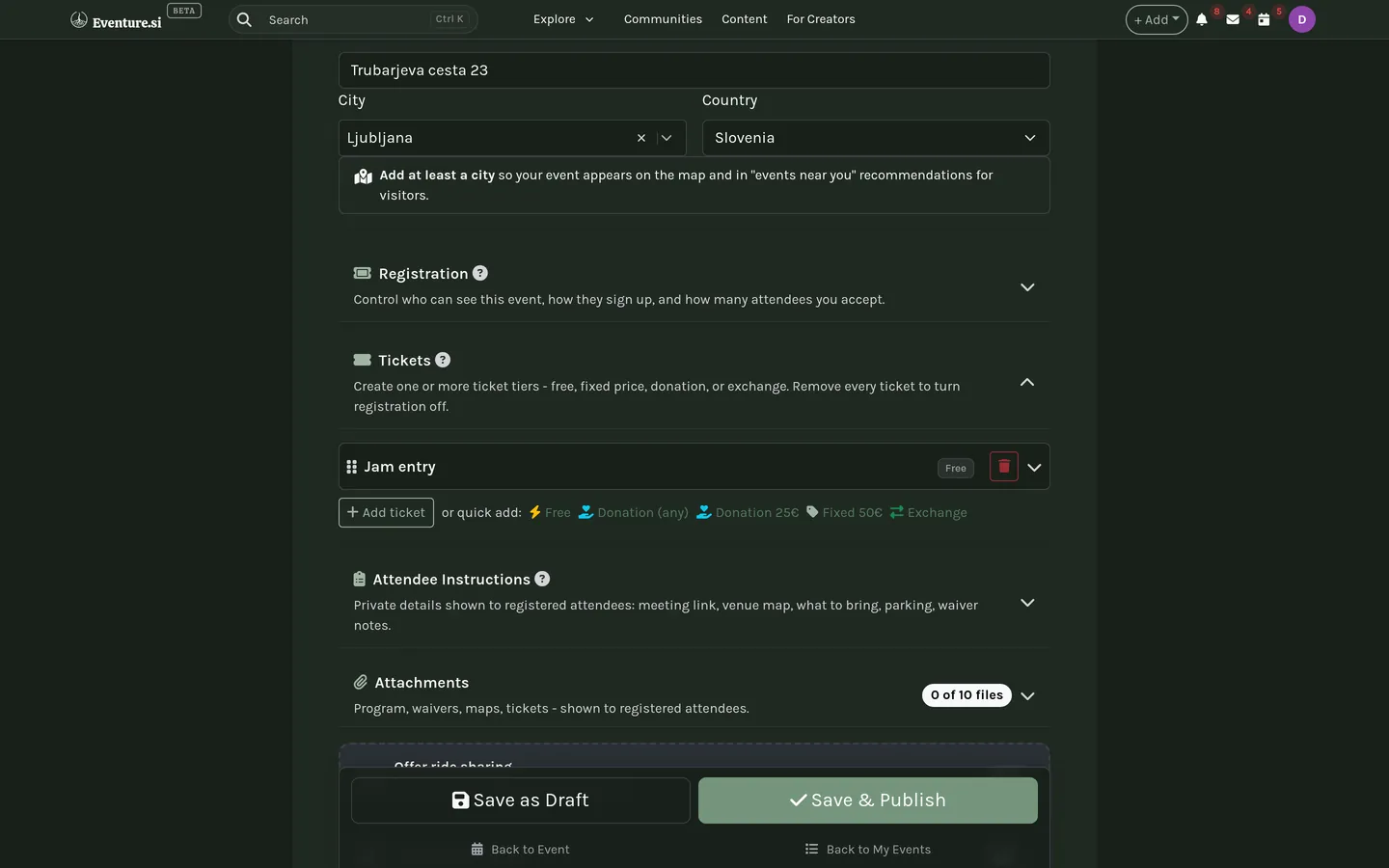 The event form, built from collapsible cards.