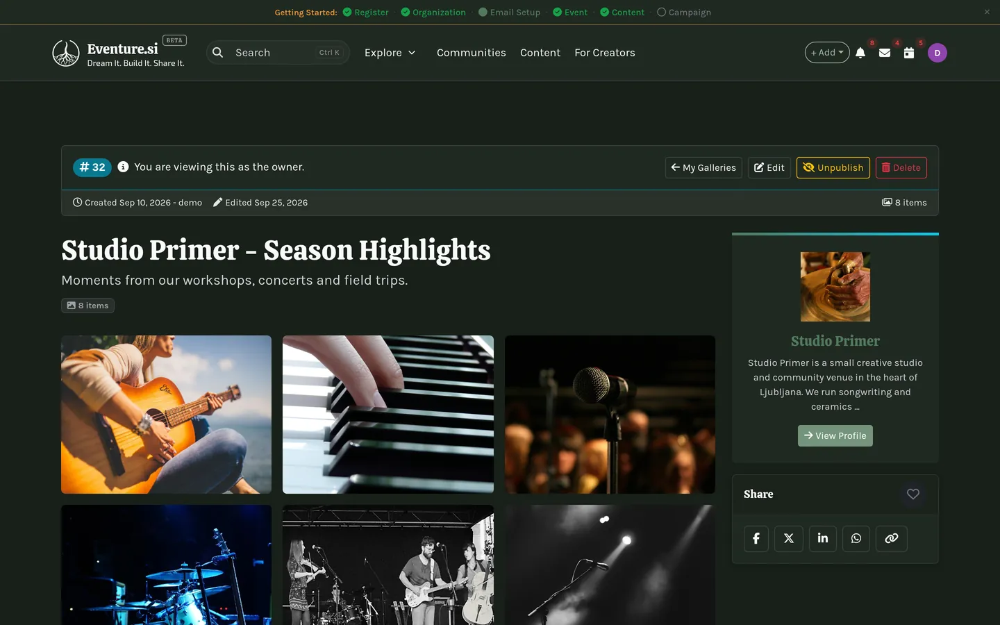A gallery in grid layout with an album open.