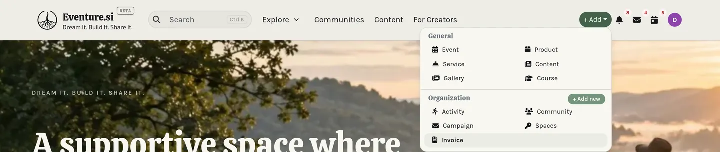 The + Add menu open, showing what you can create right now.