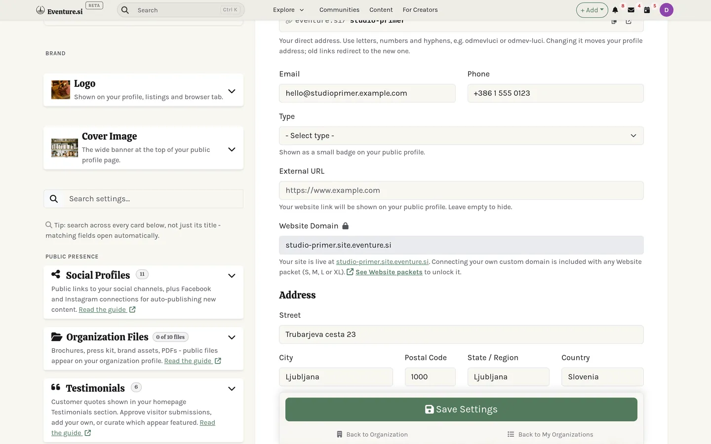 The Settings page's right sidebar: Brand, Public presence, Audience & marketing, and Money & legal cards, each with its own Help icon.