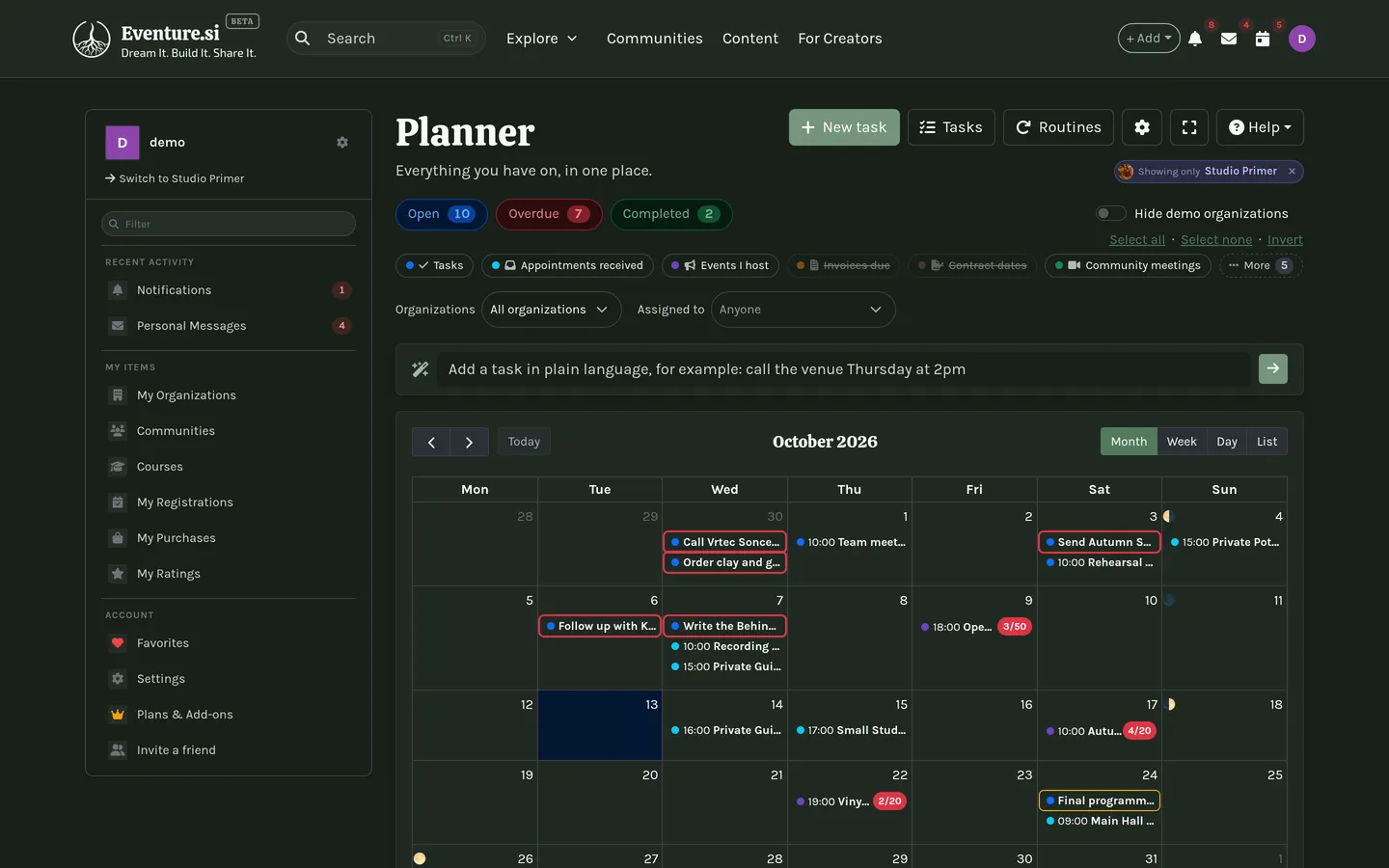 The Planner: the calendar with its source chips and the Quick Add box open.