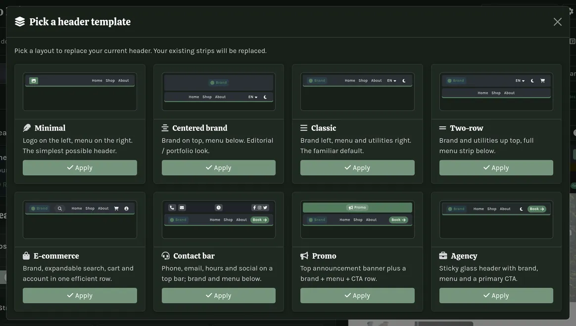 The eight header templates.