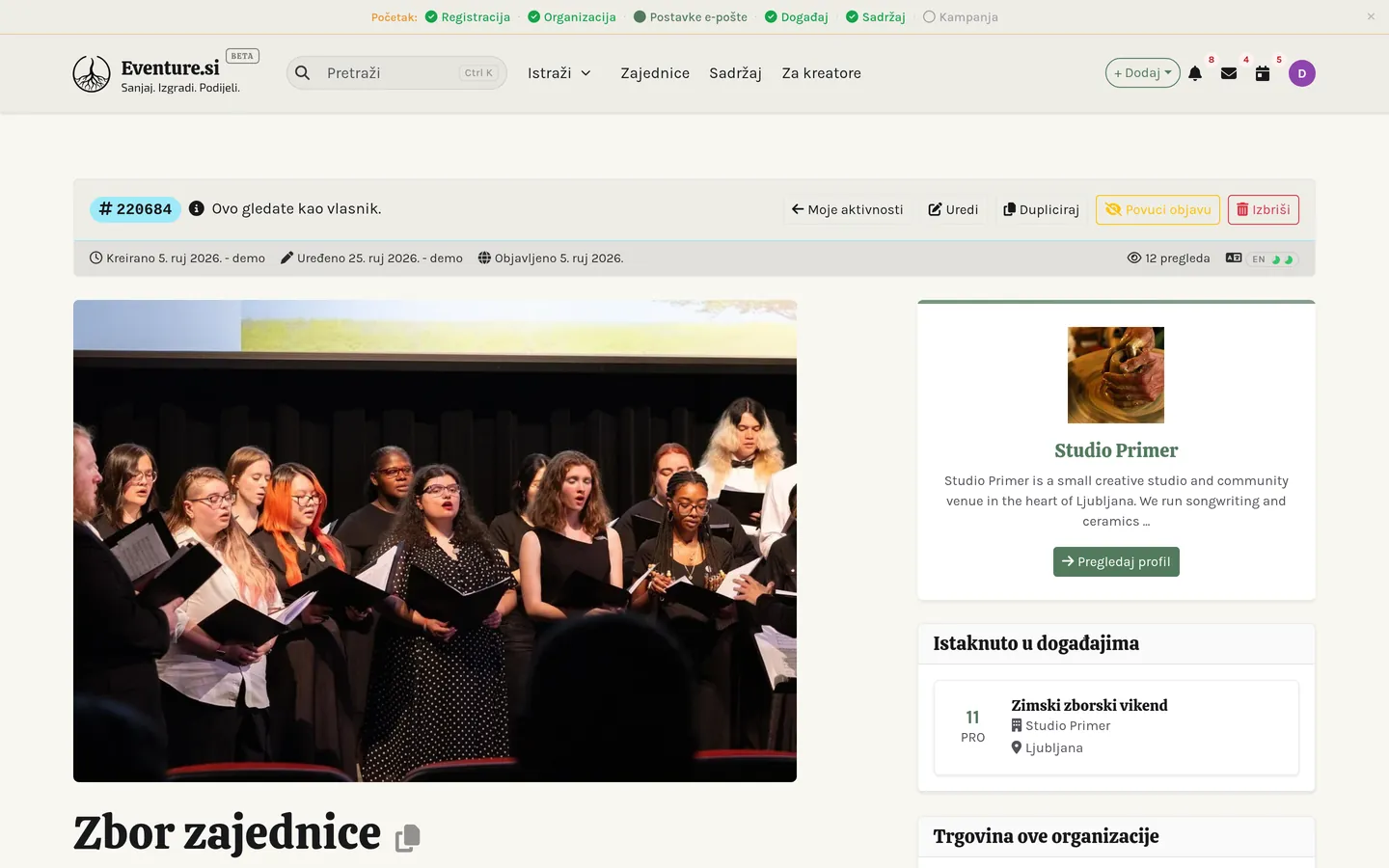 Moje aktivnosti: aktivnost s povezanim događajima.