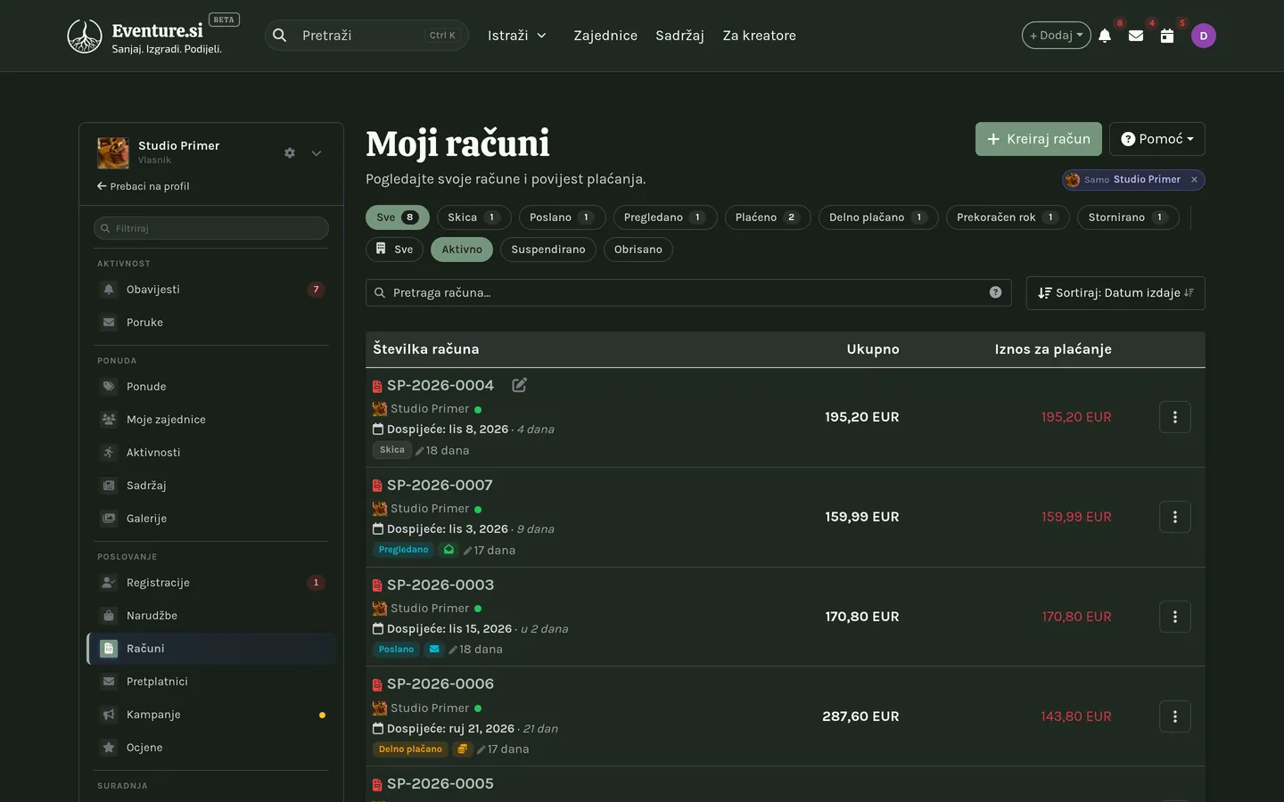 Moji računi: brojači stanja i filtri iznad popisa.