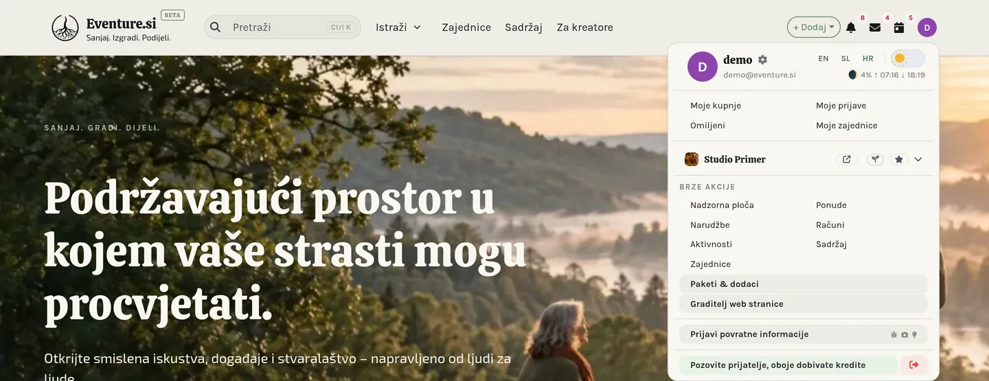 Izbornik s avatarom: osobne stavke iznad razdjelnice, vaša organizacija ispod nje.
