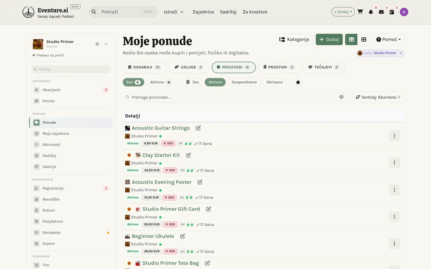 Prostor Moje ponude: kartice Događaji, Usluge, Proizvodi, Prostori i Tečajevi.