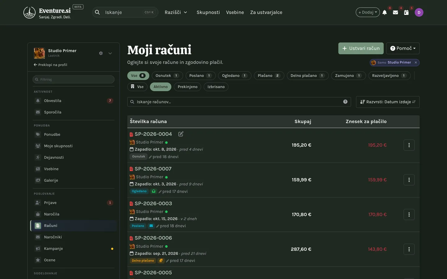 Moji računi: števci stanj in filtri nad seznamom.