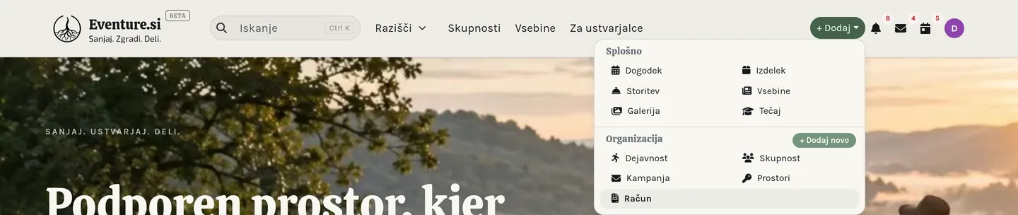Odprt meni + Dodaj, ki prikazuje, kaj lahko trenutno ustvarite.