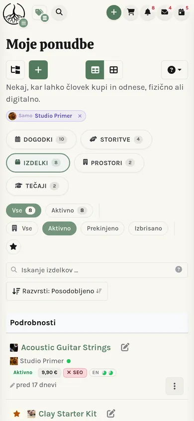 Ista stran razdelka Moje na telefonu: stranska vrstica strnjena v predal.