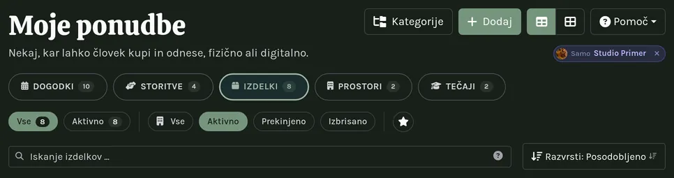 Podrobnejši pogled glave strani: naslov, dejanja, gumb Pomoč in zavihki filtrov.