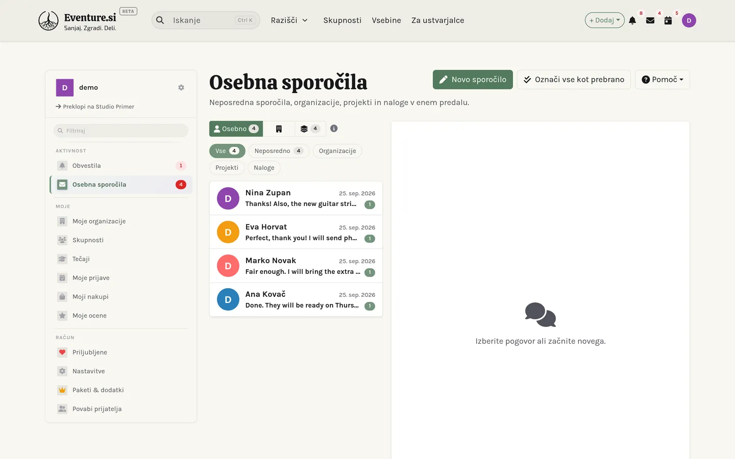 Moja sporočila: pogovori, razvrščeni po osebi in organizaciji.