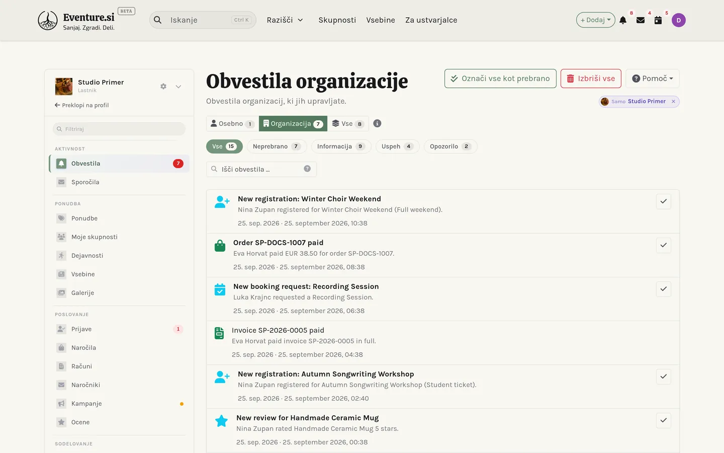 Center za obvestila: osebni in organizacijski vir.
